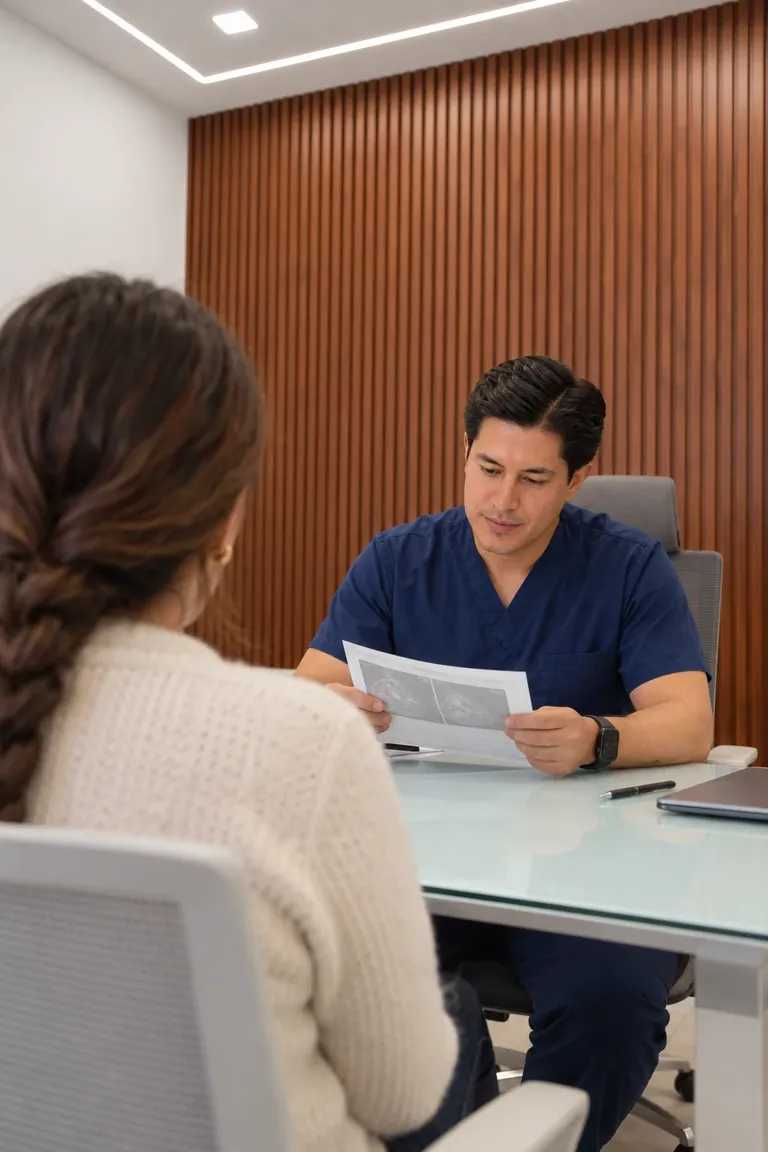 El doctor revisa unos estudios con una paciente en su consultorio