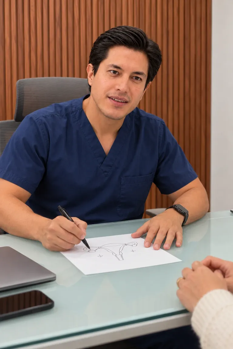El doctor le explica a una paciente, con un dibujo del útero, sus opciones de tratamiento